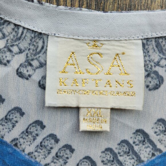 ASA Kaftans Beaded Jewel Caftan Top Tassel-Hem V-Neck Chiffon Blue White - Picture 9 of 12